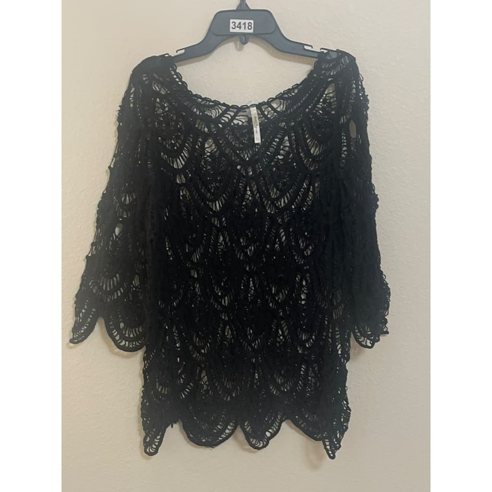 Unit Women Black Crochet Knit Open Weave Scalloped Hem 3/4 Sleeve Cotton XL